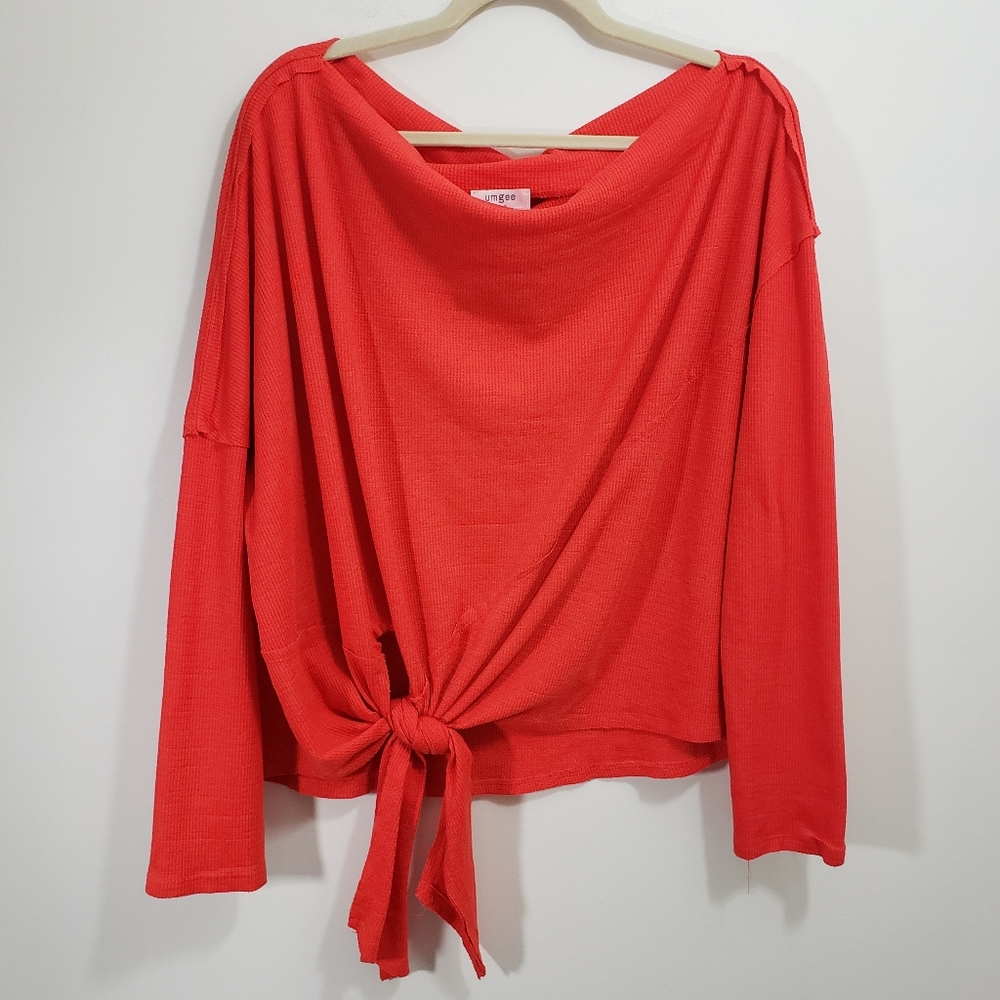 Umgee waffle knit long sleeve tie front orange oversized shirt womans size large